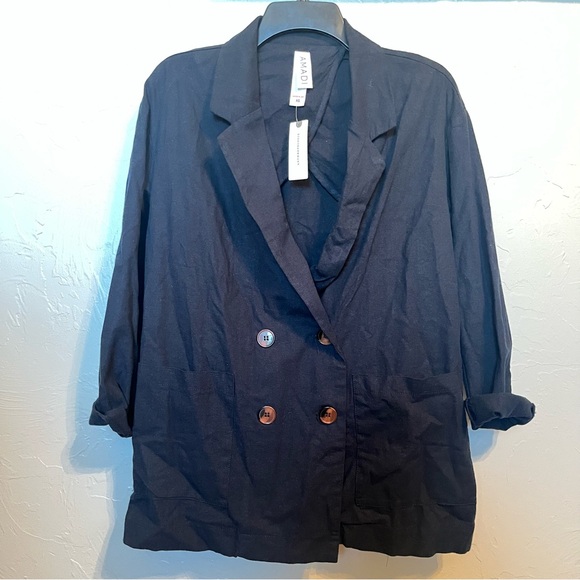 NWT ANTHROPOLOGIE Amadi Kaye Blazer Navy Sz XS Oversized Linen Double Breasted - Picture 5 of 12